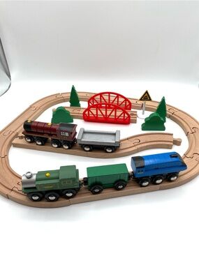 Assorted Wooden Train & Train Tracks 28 Items in This Lot